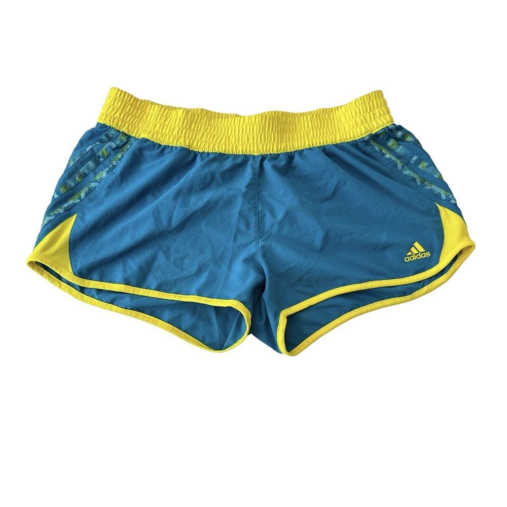 Adidas Shorts Women's Médium Running Blue Yellow Logo Sports Athletic Outdoor